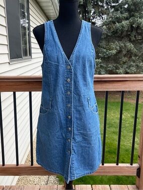 Vintage 90s Dockers Denim Dress Sz Medium Button Up Cowgirl Western V-Neck